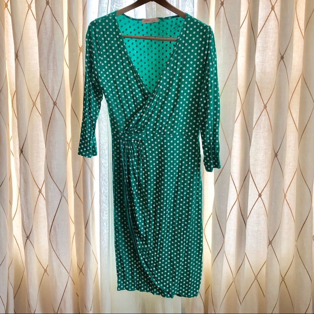 Green & White Polka Dot Mock Wrap Dress